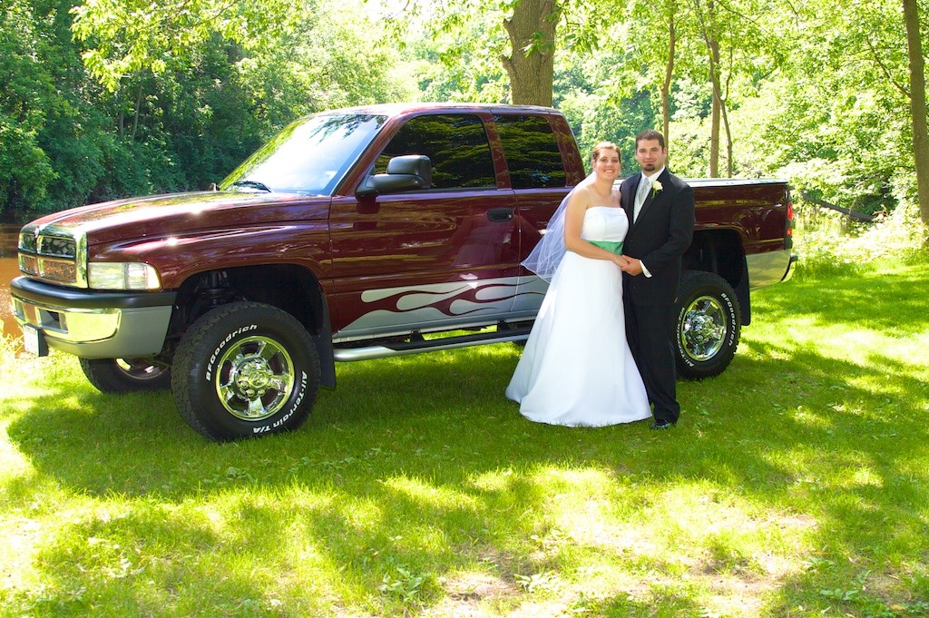 Bride and Groom with their Truck Outroors in River Park, Sheboygan Falls, WI