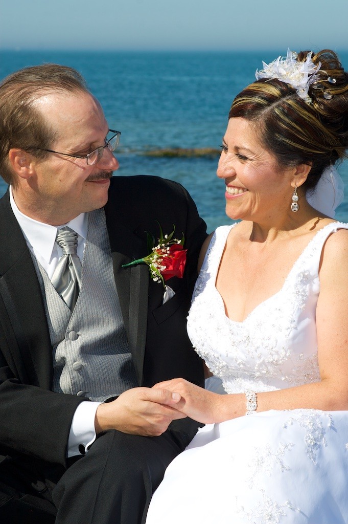 Groom and Bride on Sheboygan Lakefront for their Wedding Day Portraits